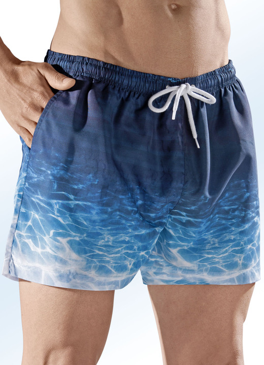 Bademode - Badeshorts, Gesässtasche mit Klettverschluss, Microfaser, in Größe 004 bis 012, in Farbe INDIGO-TÜRKIS-WEISS Ansicht 1