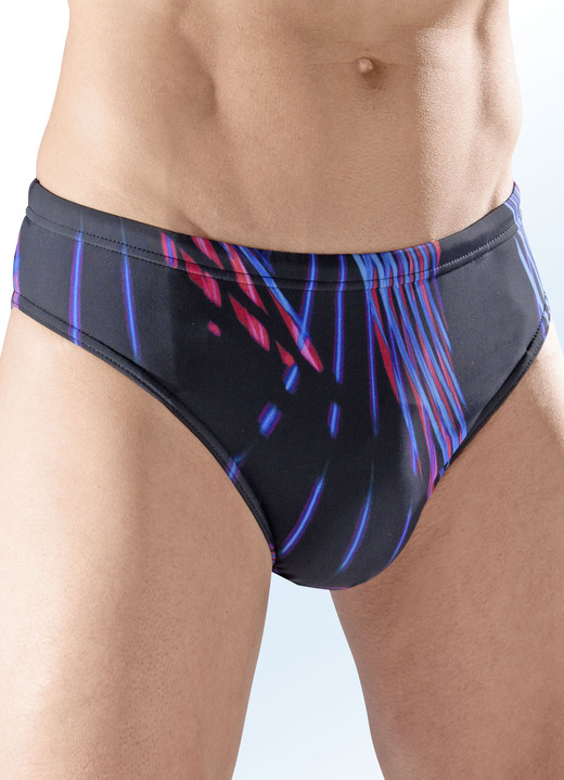 Bademode - Badehose in Slipform mit buntem Druckdessin, in Größe 004 bis 009, in Farbe SCHWARZ-BLAU-ROT Ansicht 1