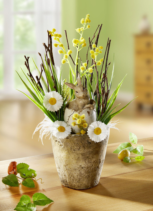 Ostern -  Gesteck aus hochwertigem Kunst- und Textilmaterial, in Farbe BRAUN-GRÜN