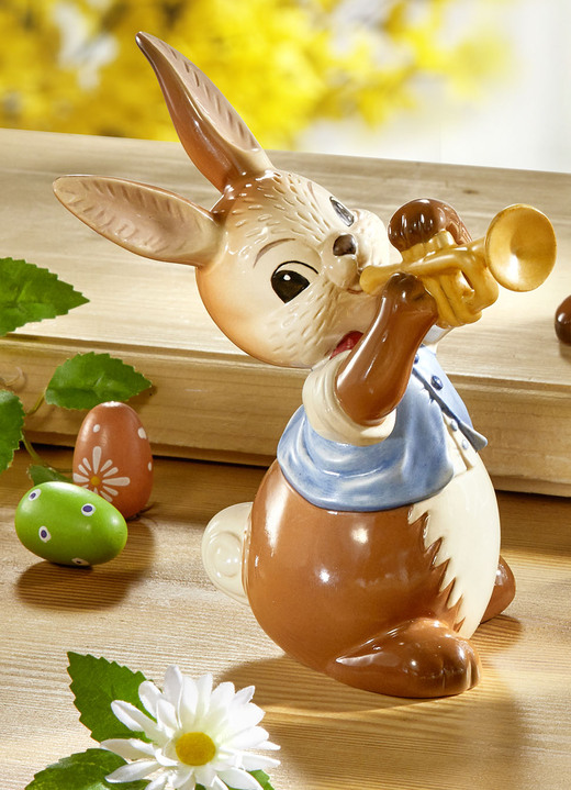 - Musizierende Hasen aus Feinsteingut, in Farbe BUNT, in Ausführung Hase mit Trompete Ansicht 1