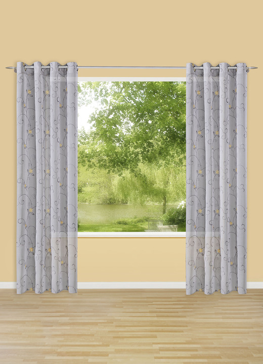 - Allover bestickte Uni-Übergardine in Leinenoptik, in Größe 358 (H145xB130 cm) bis 456 (H245xB130 cm), in Farbe GRAU, in Ausführung Mit Ösen Ansicht 1