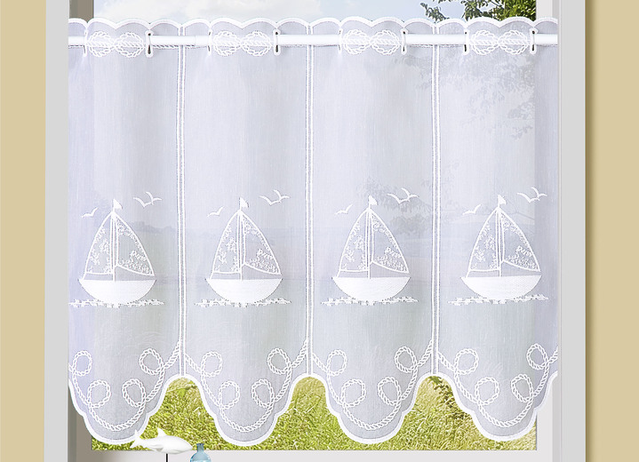 Landhaus & Küche - Kurzvorhang aus besticktem Batist mit Stangendurchzug, in Größe 784 (H45xB 90 cm) bis 859 (H60xB155 cm), in Farbe WEISS-WEISS Ansicht 1