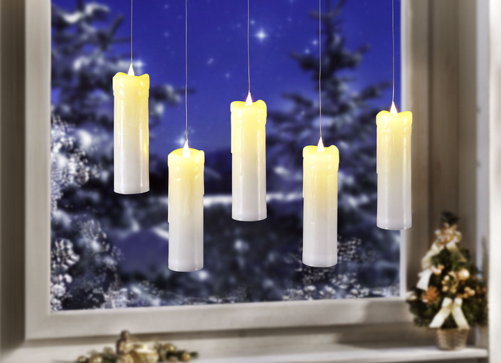 SALE % - LED-Kerzen mit transparenter Aufhängung, 5er-Set, in Farbe CREME
