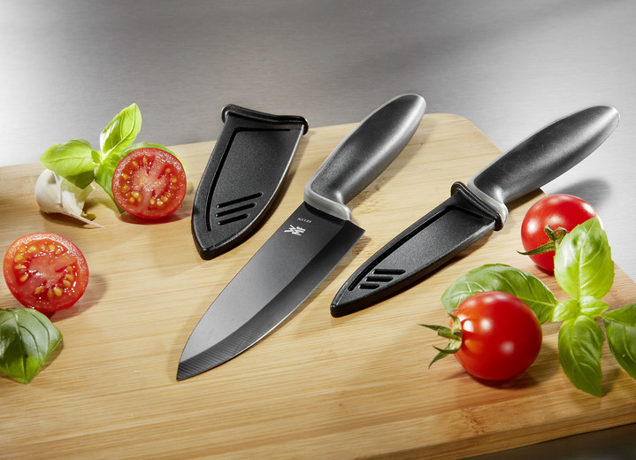- Dauerhaft scharfes Messer-Set mit spezialbeschichtetem Klingenstahl, in Farbe SCHWARZ