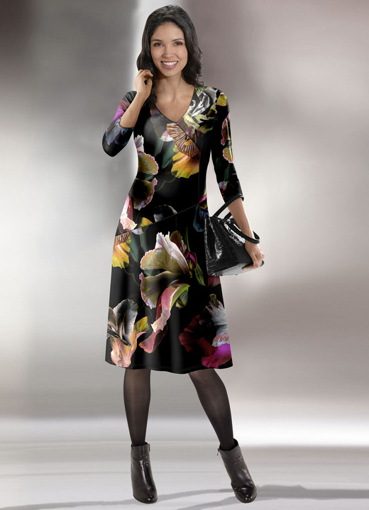 Freizeitkleider - Kleid mit V-Ausschnitt, in Größe 036 bis 552, in Farbe SCHWARZ-BUNT
