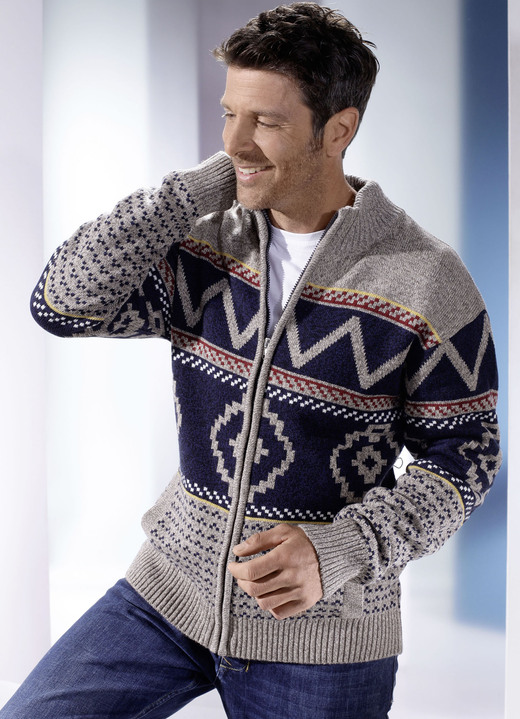Herrenmode - Jacke mit durchgehendem Reissverschluss, in Größe 044 bis 062, in Farbe MARINE-BEIGE MELIERT