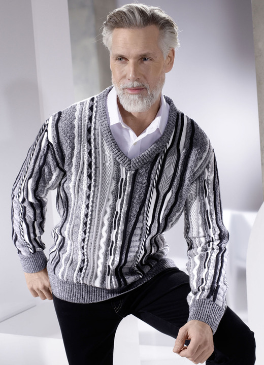Herrenmode - Pullover mit V-Ausschnitt, in Größe 046 bis 062, in Farbe GRAU MELIERT-WEISS-SCHWARZ