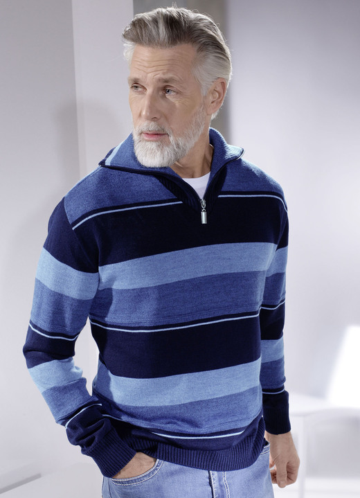 Hemden, Pullover & Shirts - Troyer mit kurzem Reissverschluss in 2 Farben, in Größe 044 bis 062, in Farbe MARINE-JEANSBLAU GESTREIFT Ansicht 1