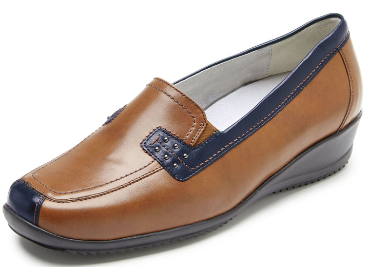 Komfortschuhe - Waldläufer, bequeme Damen-Slipper, Weite H, mit herausnehmbarem Fussbett, in Größe 3 1/2 bis 8, in Farbe COGNAC-BLAU Ansicht 1