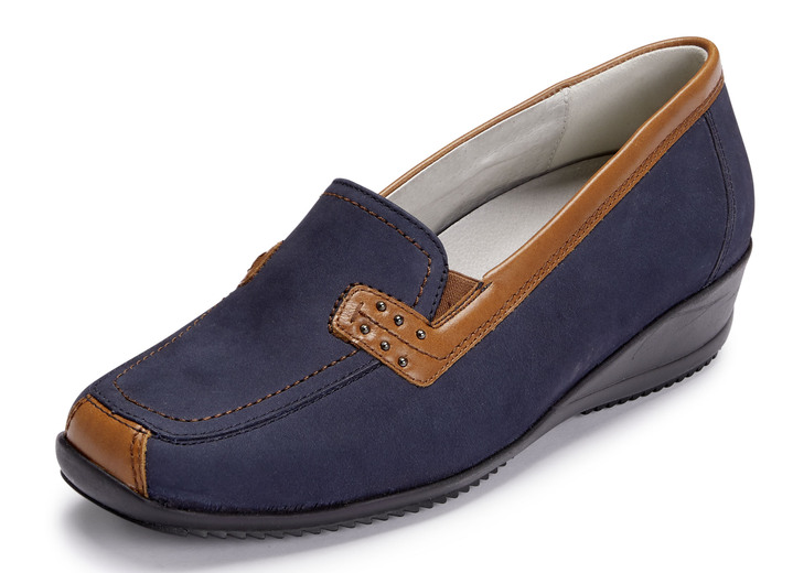 Komfortschuhe - Waldläufer, bequeme Damen-Slipper, Weite H, mit herausnehmbarem Fussbett, in Größe 3 1/2 bis 8, in Farbe MARINE-COGNAC Ansicht 1