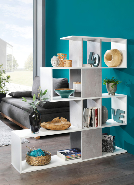 - Innovatives Standregal mit grossen Fächern und 5 Ebenen, in Farbe WEISS-BETON