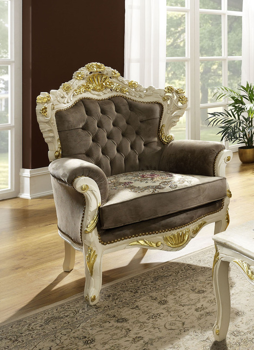 Polstermöbel - Schmuckvolle Wohnzimmermöbel mit weiss-goldfarbener Lackierung, in Farbe WEISS-GOLD, in Ausführung Sessel