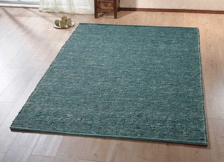 Modern - Handgewebte Brücken und Teppiche aus 100% Schurwolle, in Größe 101 (Brücke, 40x 60 cm) bis 279 (Teppich, 190x290 cm), in Farbe PETROL Ansicht 1