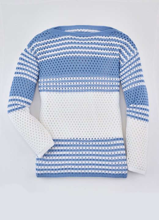 Damenmode - Pullover mit Ajourmuster, in Größe 036 bis 052, in Farbe ECRU-JEANSBLAU Ansicht 1