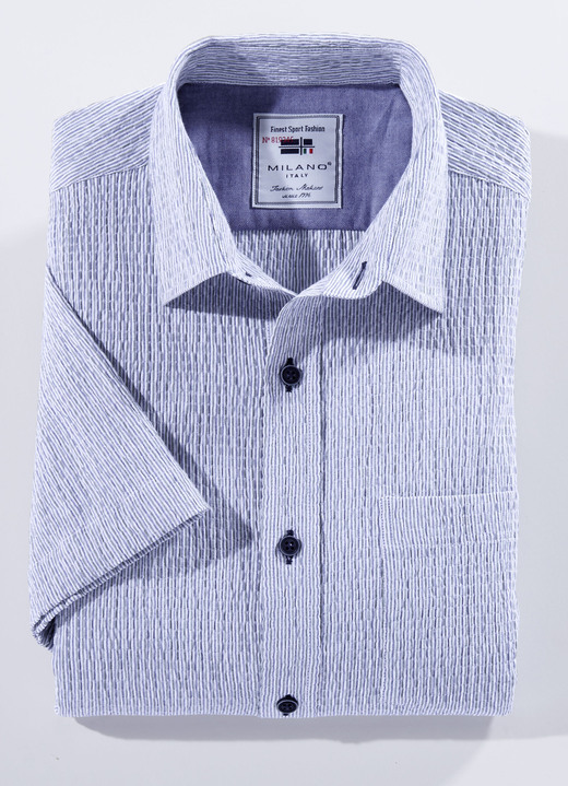 - Seersucker Hemd von «Milano Italy» in 3 Farben, in Größe 3XL (47/48) bis XXL (45/46), in Farbe OLIV-BLAU GESTREIFT