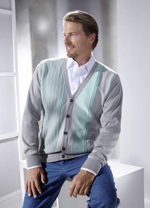- Cardigan mit durchgehender Knopfleiste in 2 Farben, in Größe 046 bis 062, in Farbe SILBER-JADEGRÜN