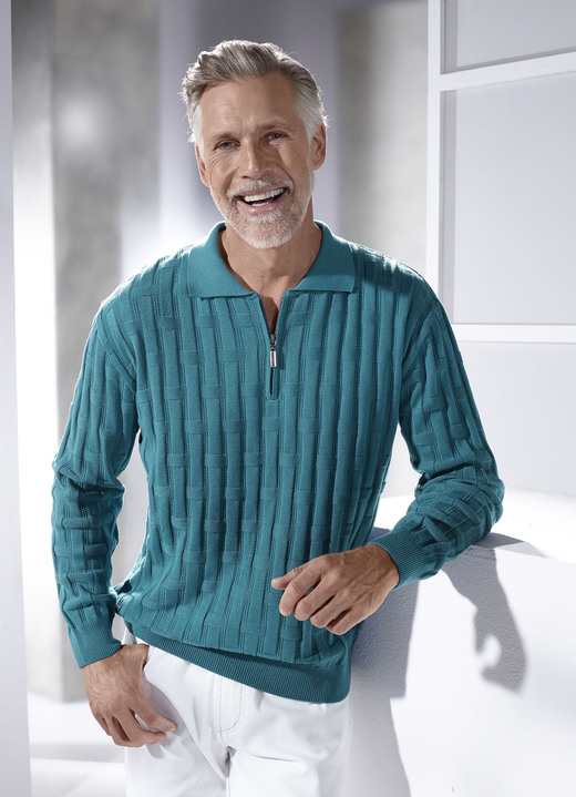Hemden, Pullover & Shirts - Polopullover mit kurzem Reissverschluss in 3 Farben Hemden, Pullover & Shirts - Polopullover mit kurzem Reissverschluss in 3 Farben, in Größe 046 bis 062, in Farbe PETROL