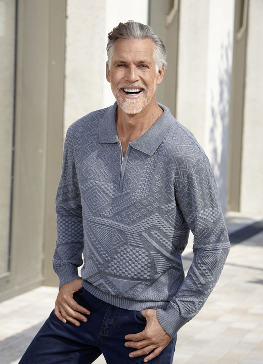 Hemden, Pullover & Shirts - Klassischer Polopullover mit kurzem Reissverschluss in 2 Farben, in Größe 046 bis 060, in Farbe GRAU Ansicht 1