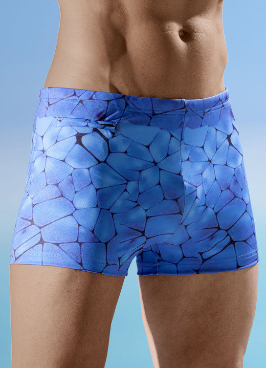Bademode - Badehose in höherer Kastenform mit Reissverschlusstasche, in Größe 004 bis 013, in Farbe BLAU-SCHWARZ