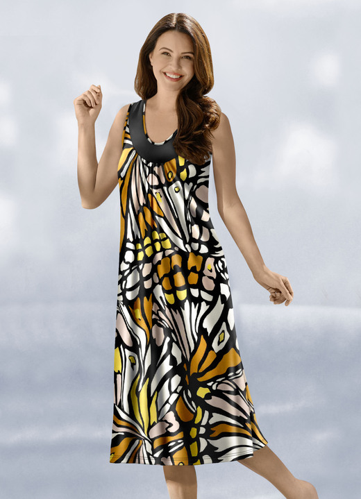 Strandkleider - Klaus Modelle Kleid mit farbbrillantem Druckdessin, in Größe 040 bis 060, in Farbe SCHWARZ-BUNT