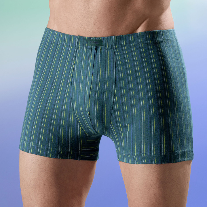 Unterwäsche - Viererpack Pants mit Dehnbund, in Größe L bis XXL, in Farbe 1x DUNKELGRUEN GESTREIFT, 1x GRAU GESTREIFT, 1x UNI MARINE, 1x UNI SCHWARZ