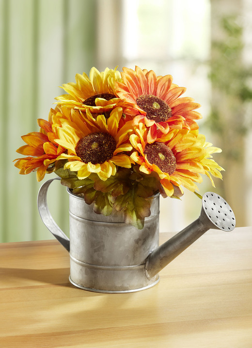 Kunst- & Textilpflanzen - Sonnenblumen in Giesskanne, in Farbe GELB-ORANGE