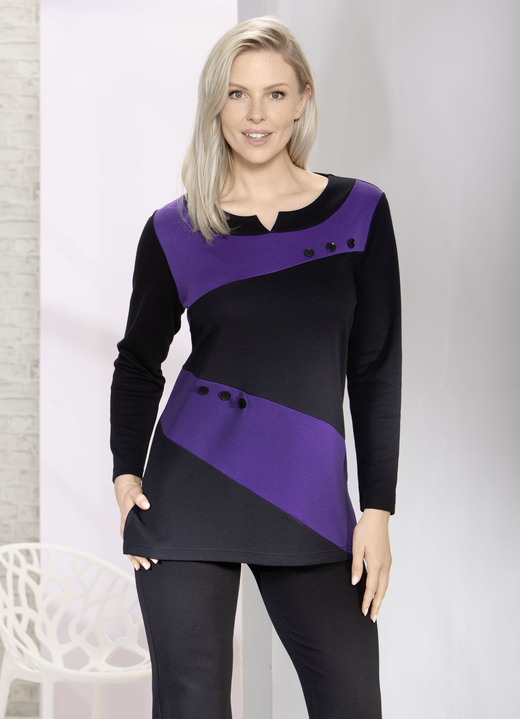 Damenmode - Raffiniertes Sweatshirt mit V-Schlitz, in Größe 038 bis 054, in Farbe SCHWARZ-LILA