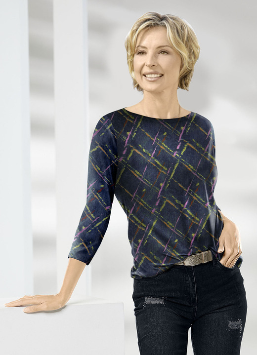 Damenmode - Shirt mit farbbrillantem Druck, in Größe 036 bis 052, in Farbe PETROL-LILA-KIWI