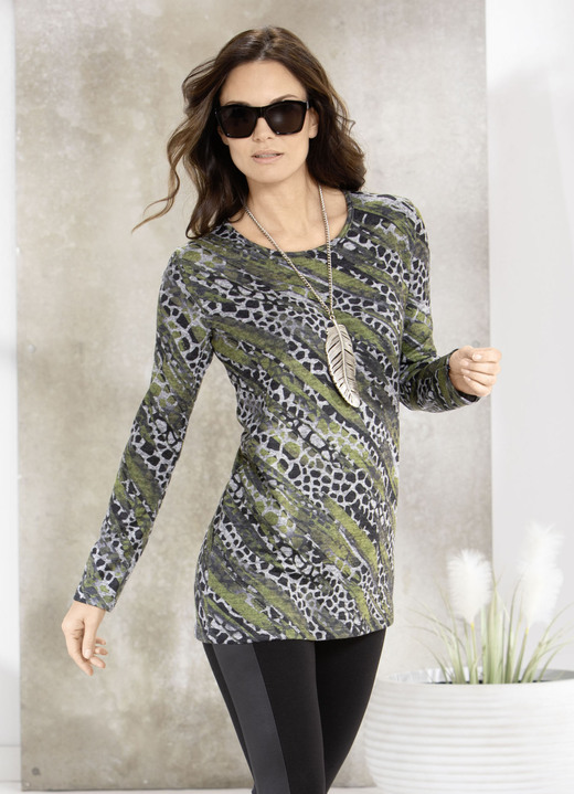 Damenmode - Shirt mit Rundhalsausschnitt, in Größe 044 bis 052, in Farbe OLIV-GRAU Ansicht 1