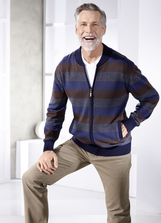 Herrenmode - Jacke mit durchgehendem Reissverschluss, in Größe 046 bis 062, in Farbe ROYALBLAU-MESSING-GRAU