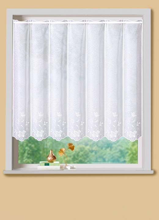 Landhaus & Küche - Kurzvorhang mit Blätter-Stickerei und Stangendurchzug, in Größe 660 (H30xB 90 cm) bis 858 (H60xB120 cm), in Farbe WEISS