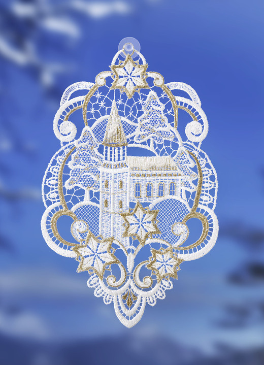 - Fensterbild Maria Kirche aus Plauener Spitze, in Farbe WEISS-GOLD