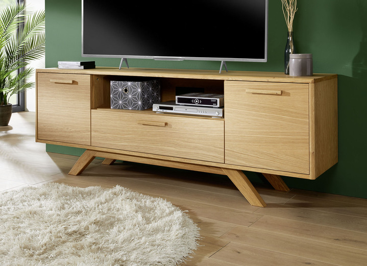 Hifi- &  TV-Möbel - TV-Longboard mit massiven Holzbeinen und Holzgriffen, in Farbe EICHE