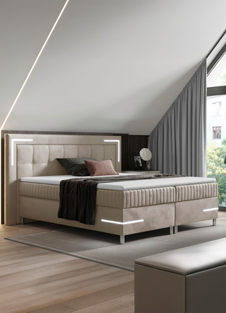 Boxspringbett mit LED-Beleuchtung und Topper