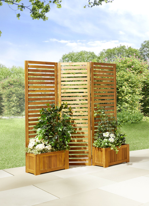 Sichtschutz und Sonnenschutz - Paravent aus Akazienholz mit 2 Kästen, in Farbe BRAUN