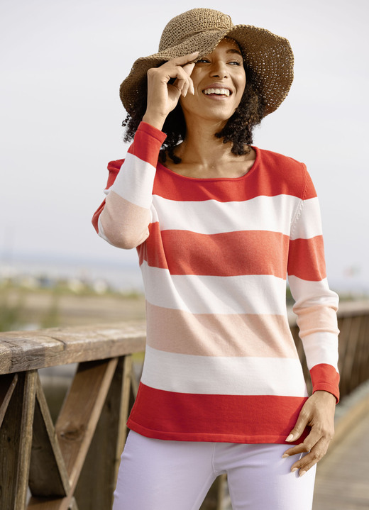 Pullover - Pullover in Blockringeldessin, in Größe 036 bis 052, in Farbe ORANGE-APRICOT-WEISS