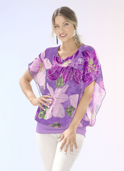Shirts - Shirtbluse mit Chiffon-Überwurf in 2 Farben, in Größe 036 bis 052, in Farbe FLIEDER-AUBERGINE-BEIGE Ansicht 1