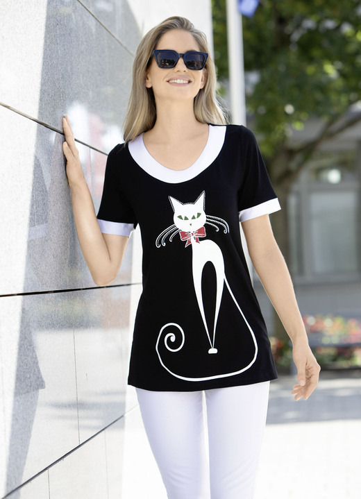 Longshirts - Longshirt mit Katzen-Motiv, in Größe 038 bis 056, in Farbe SCHWARZ