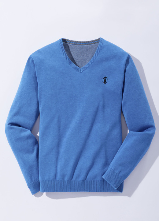 Hemden, Pullover & Shirts - Modischer V-Pullover in 6 Farben, in Größe 046 bis 062, in Farbe BLAU MELIERT Ansicht 1