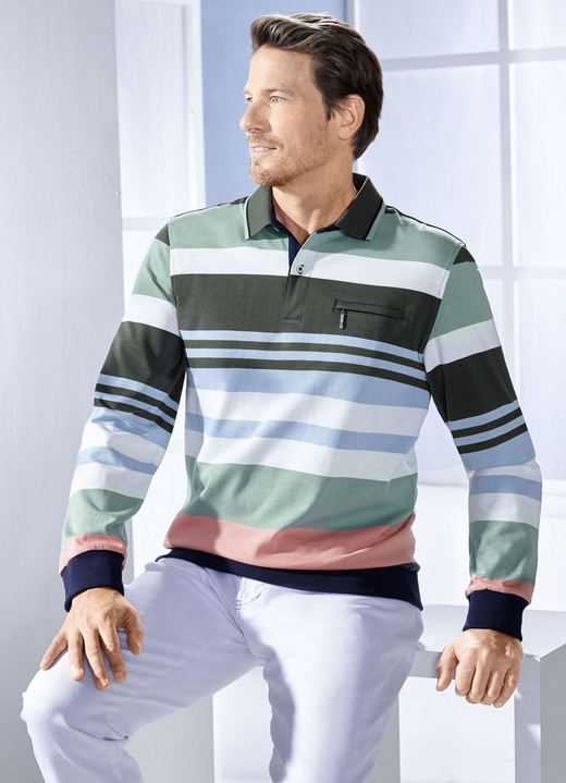 Hemden, Pullover & Shirts - Poloshirt mit Reissverschluss-Brusttasche, in Größe 046 bis 062, in Farbe HELLBLAU-GRÜN-ECRU