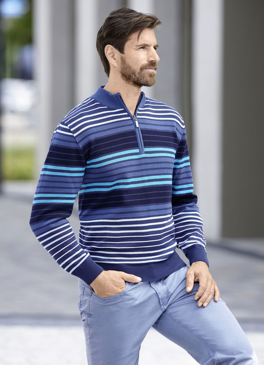 Hemden, Pullover & Shirts - Gestreifter Troyer mit kurzem Reissverschluss, in Größe 046 bis 062, in Farbe MARINE-TÜRKIS Ansicht 1