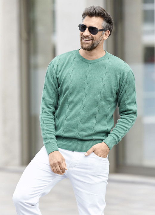 Hemden, Pullover & Shirts - Rundhalspullover mit Strukturdessin in 3 Farben, in Größe 046 bis 062, in Farbe JADEGRÜN MELIERT Ansicht 1