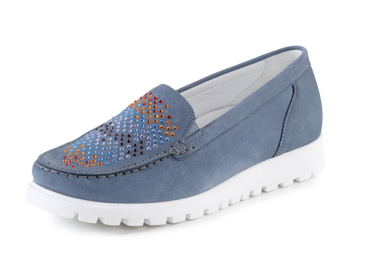 Mode - Waldläufer Mokassin-Slipper mit bunten Glitzersteinchen besetzt, in Größe 3 1/2 bis 8, in Farbe JEANS Ansicht 1
