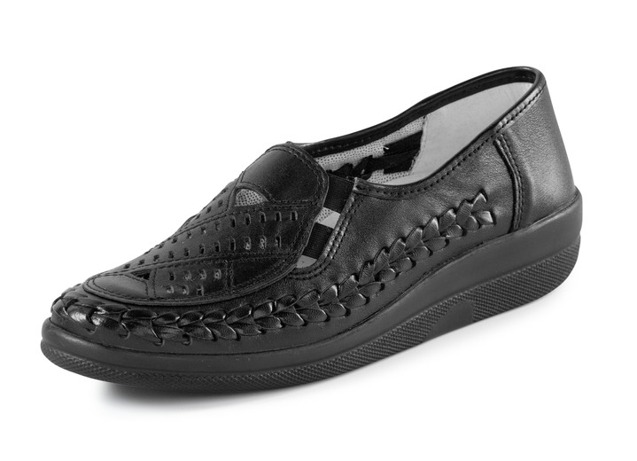 Komfortschuhe - ELENA EDEN Slipper luftig durchbrochen und mit Flechtdurchzug, in Größe 036 bis 042, in Farbe SCHWARZ Ansicht 1