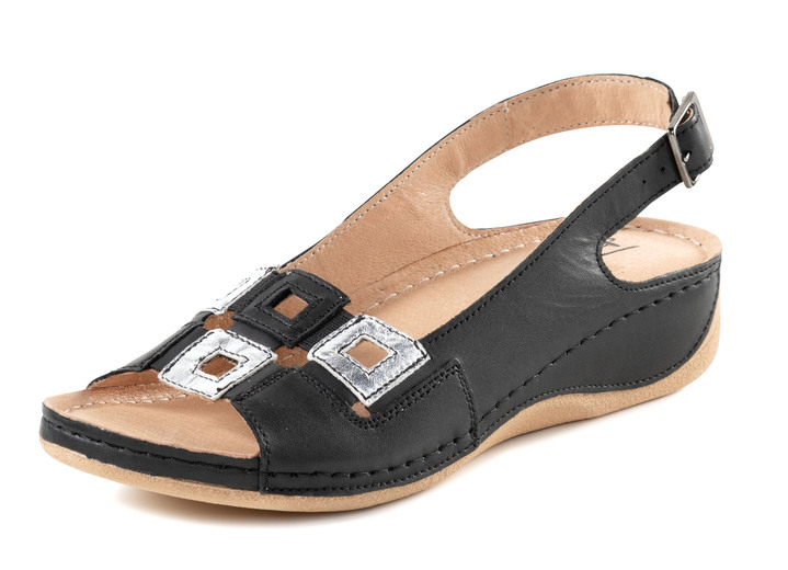 Komfortschuhe - Sandale aus Rind-Nappaleder mit verstellbarem Fersenriemchen, in Größe 036 bis 041, in Farbe SCHWARZ-SILBER Ansicht 1