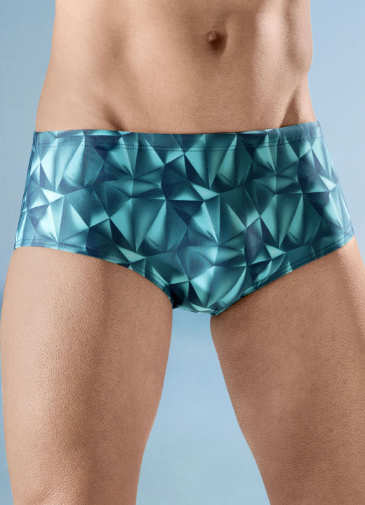 Bademode - Schwab Badehose in höherer Slipform mit halbem Vorderteilfutter, in Größe 004 bis 010, in Farbe TÜRKISGRÜN-BUNT