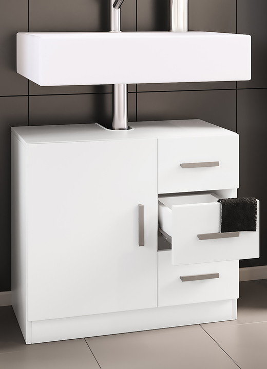 Badezimmermöbel - Modernes Badmöbel-Programm, in Farbe WEISS, in Ausführung Waschbecken-Unterschrank mit 3 Schubladen Ansicht 1
