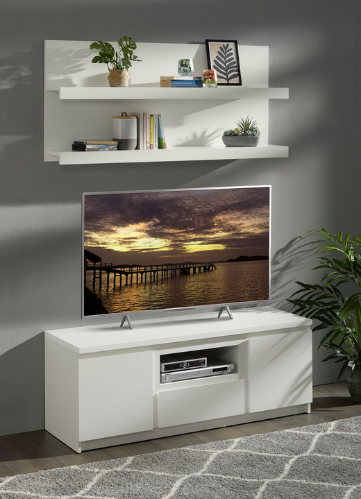 Hifi- &  TV-Möbel - TV-Longboard mit Wandboard in modernem Design, in Farbe WEISS, in Ausführung TV-Longboard, klein Ansicht 1