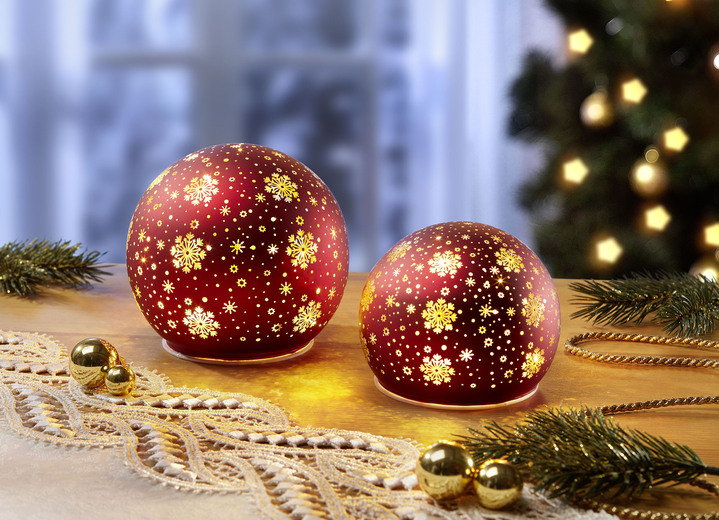 Weihnachtliche Dekorationen - Batteriebetriebene, beleuchtete Kugeln, 2er-Set, aus Glas, in Farbe ROT Ansicht 1