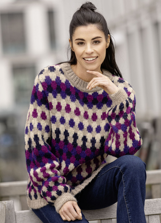 Pullover - Pullover in Jacquard-Dessin Pullover - Pullover in Jacquard-Dessin, in Größe 034 bis 050, in Farbe BEIGE-LILA-MULTICOLOR